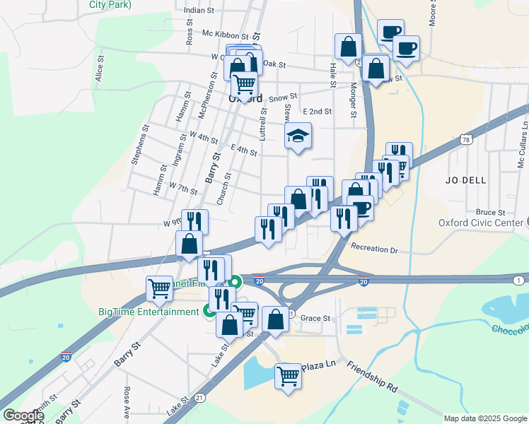 map of restaurants, bars, coffee shops, grocery stores, and more near 1102 Luttrell Street in Oxford