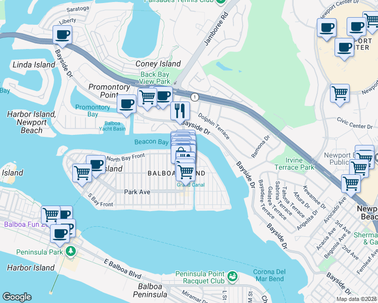 map of restaurants, bars, coffee shops, grocery stores, and more near 1407 North Bay Front in Newport Beach