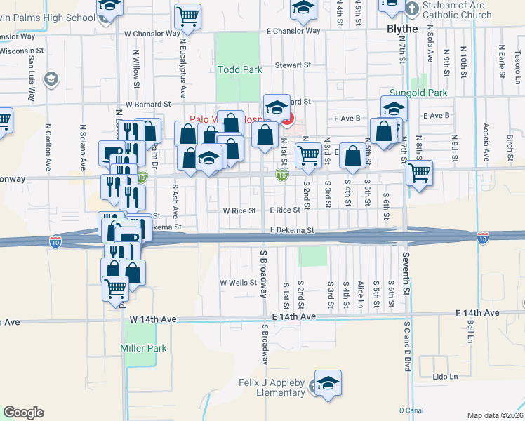 map of restaurants, bars, coffee shops, grocery stores, and more near 3 Rice Street in Blythe