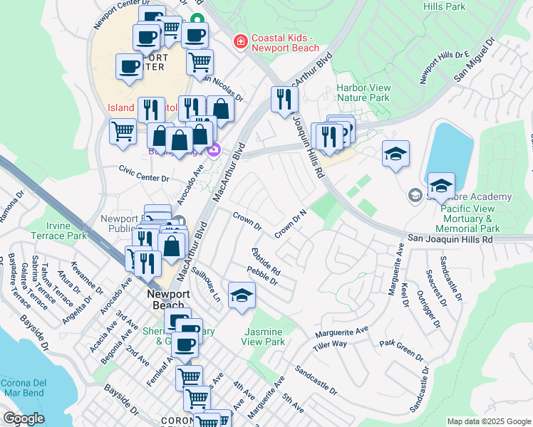 map of restaurants, bars, coffee shops, grocery stores, and more near 1211 Starboard Way in Newport Beach