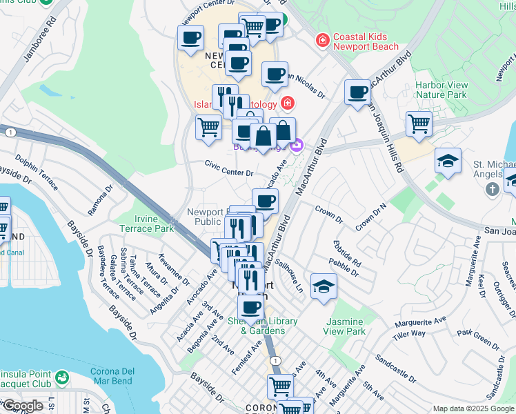 map of restaurants, bars, coffee shops, grocery stores, and more near Avocado Avenue in Newport Beach