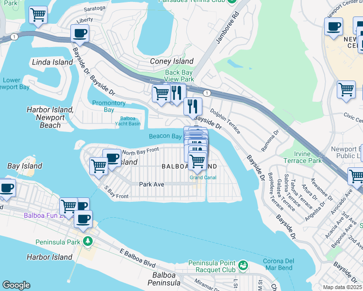 map of restaurants, bars, coffee shops, grocery stores, and more near 1201 North Bay Front in Newport Beach