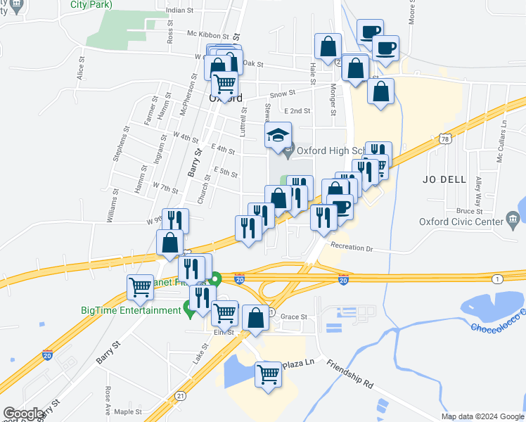 map of restaurants, bars, coffee shops, grocery stores, and more near 1120 Stewart Street in Oxford