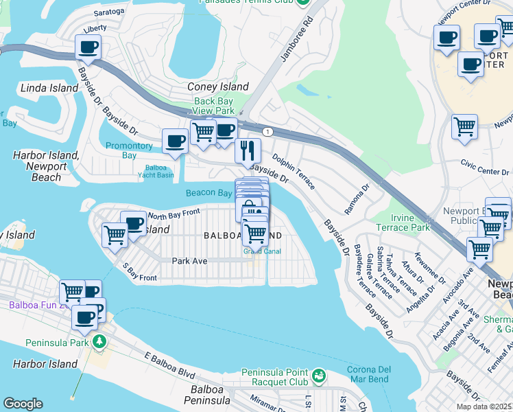 map of restaurants, bars, coffee shops, grocery stores, and more near 1403 North Bay Front in Newport Beach