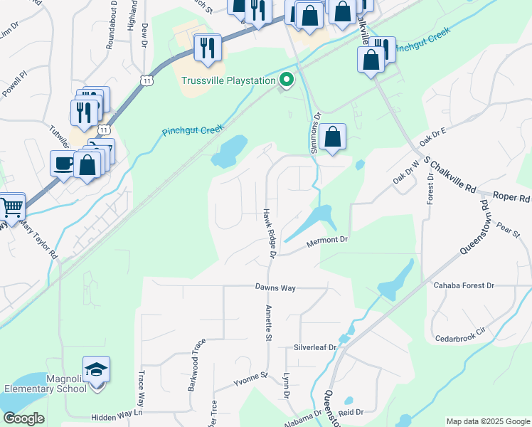 map of restaurants, bars, coffee shops, grocery stores, and more near Hawk Ridge Drive in Trussville
