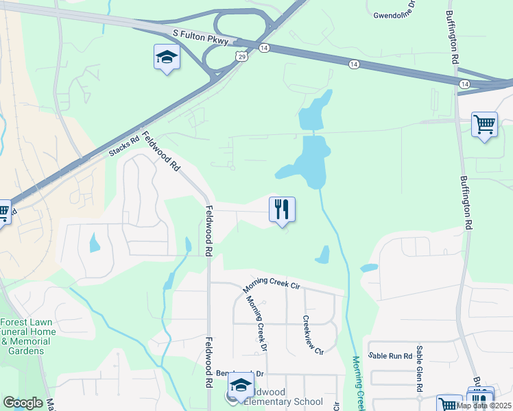 map of restaurants, bars, coffee shops, grocery stores, and more near 3799 Feldwood Place in College Park