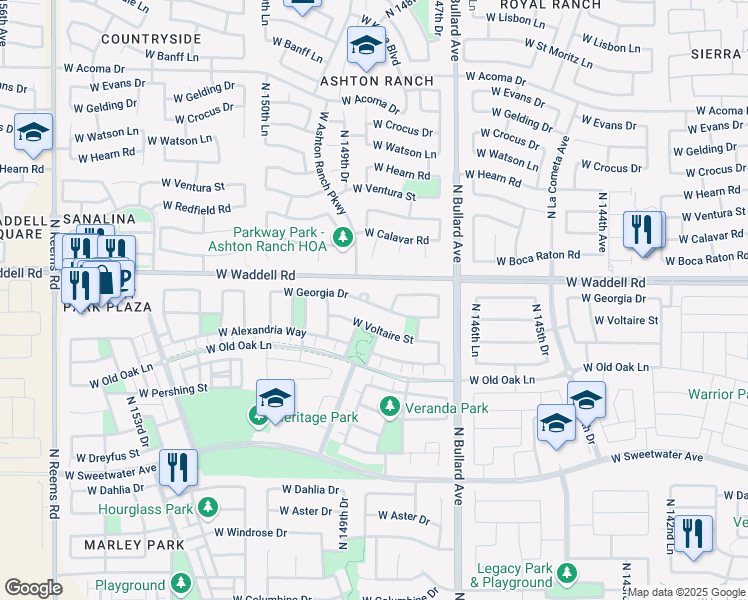 map of restaurants, bars, coffee shops, grocery stores, and more near 14878 West Georgia Drive in Surprise