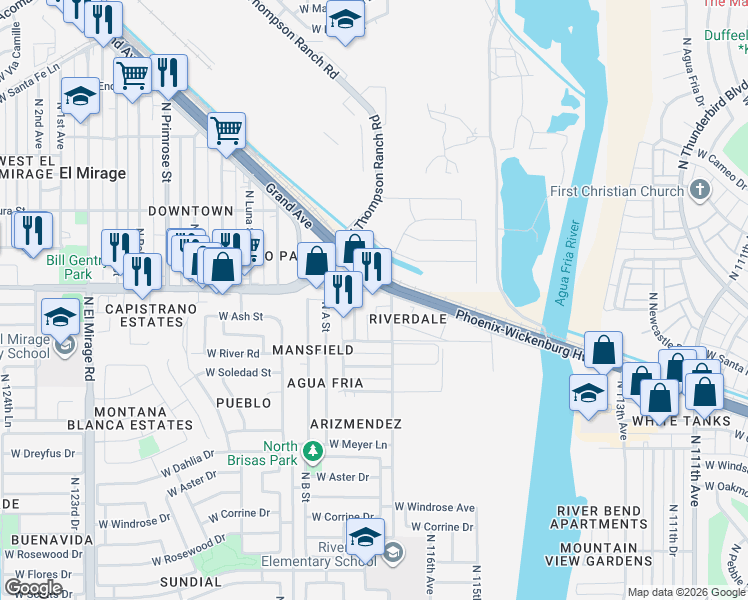 map of restaurants, bars, coffee shops, grocery stores, and more near 11709 West Thunderbird Road in El Mirage