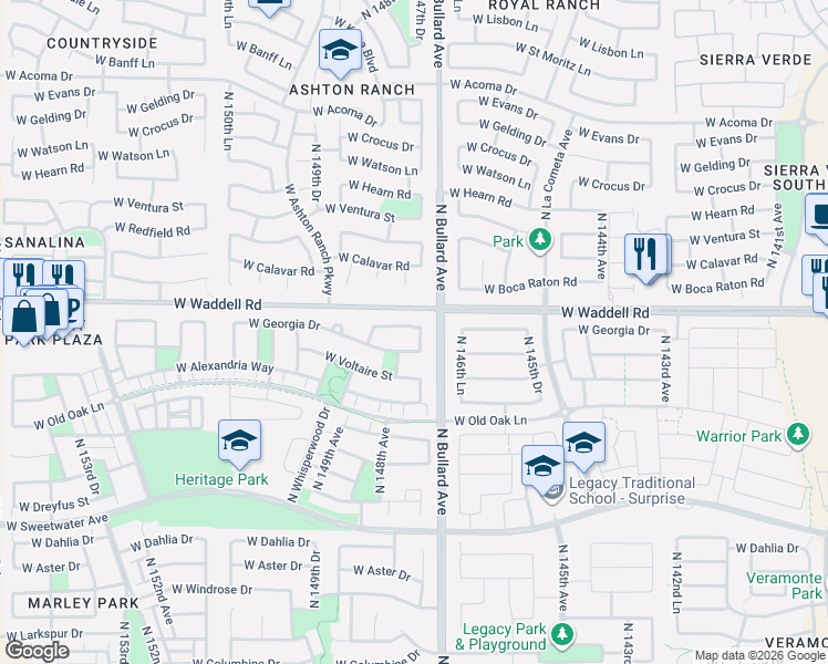 map of restaurants, bars, coffee shops, grocery stores, and more near 13727 North 147th Drive in Surprise