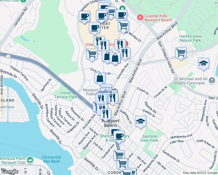 map of restaurants, bars, coffee shops, grocery stores, and more near 26 Corporate Plaza in Newport Beach