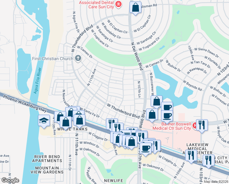 map of restaurants, bars, coffee shops, grocery stores, and more near 13812 North 108th Drive in Sun City