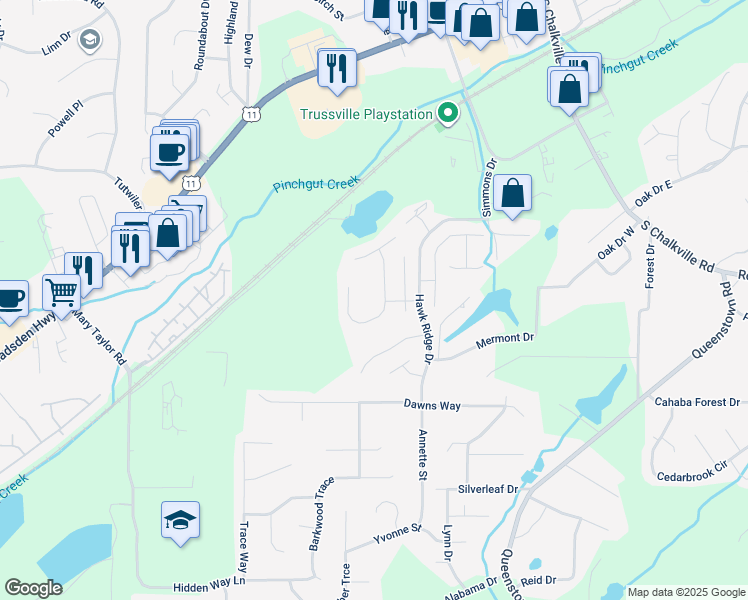 map of restaurants, bars, coffee shops, grocery stores, and more near 3532 Harrier Road in Trussville