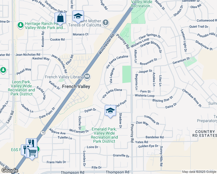 map of restaurants, bars, coffee shops, grocery stores, and more near 31823 Corte San Pablo in Winchester