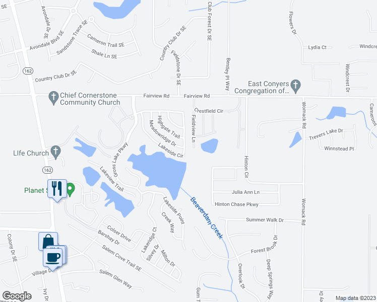 map of restaurants, bars, coffee shops, grocery stores, and more near 695 Lakeside Circle in Covington