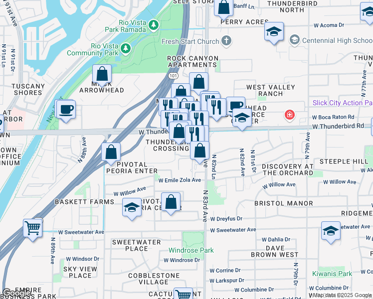 map of restaurants, bars, coffee shops, grocery stores, and more near 8375 West Thunderbird Road in Peoria