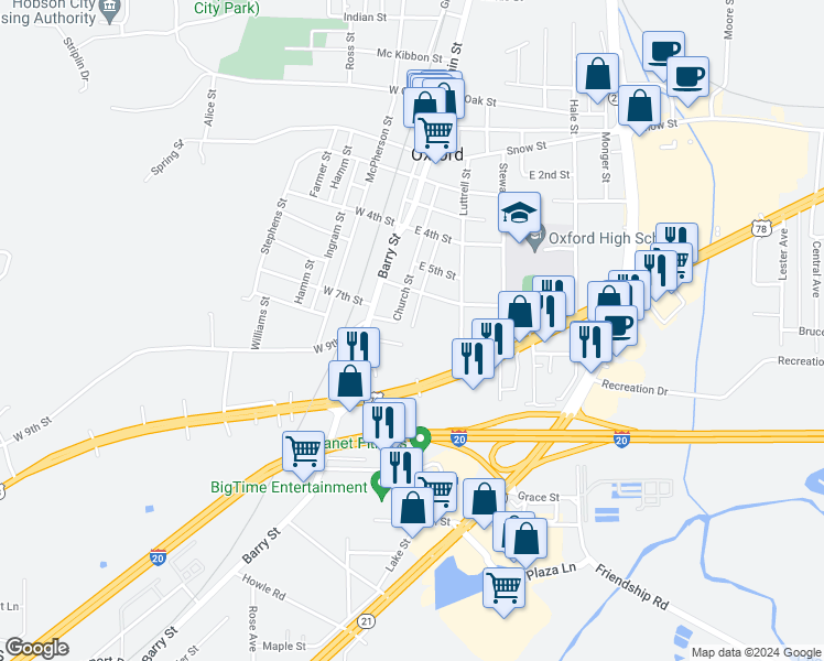 map of restaurants, bars, coffee shops, grocery stores, and more near 1227 Humphries Street in Oxford