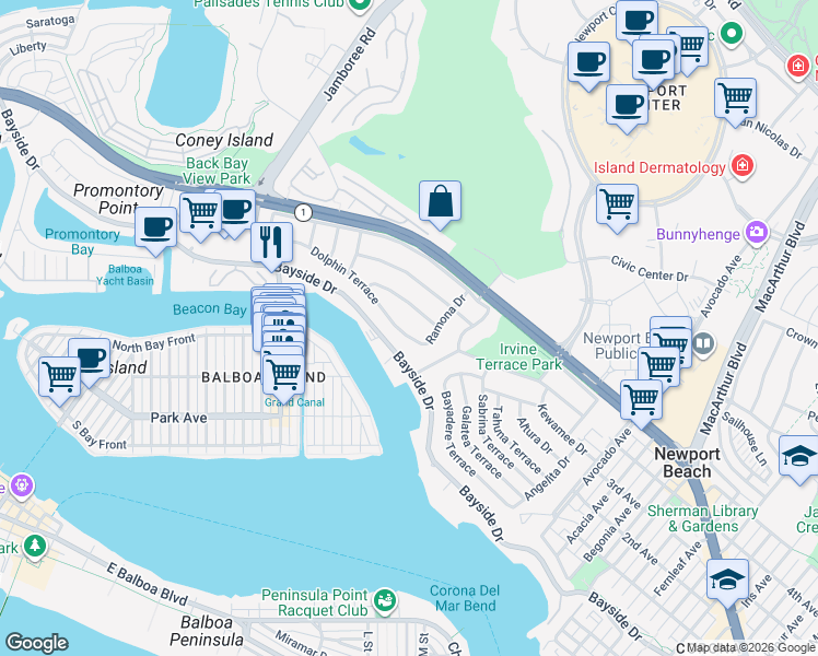 map of restaurants, bars, coffee shops, grocery stores, and more near 1518 Dolphin Terrace in Newport Beach