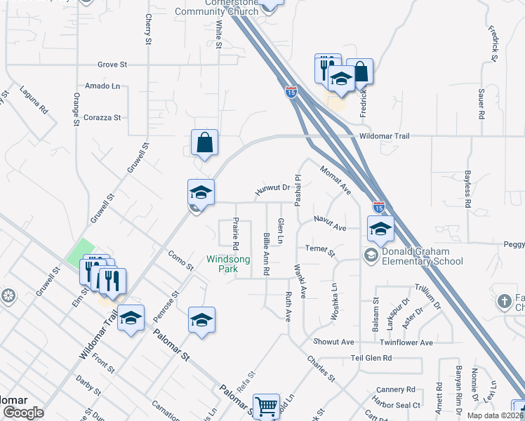 map of restaurants, bars, coffee shops, grocery stores, and more near 22638 Cervera Road in Wildomar