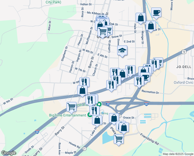 map of restaurants, bars, coffee shops, grocery stores, and more near 1219 Humphries Street in Oxford