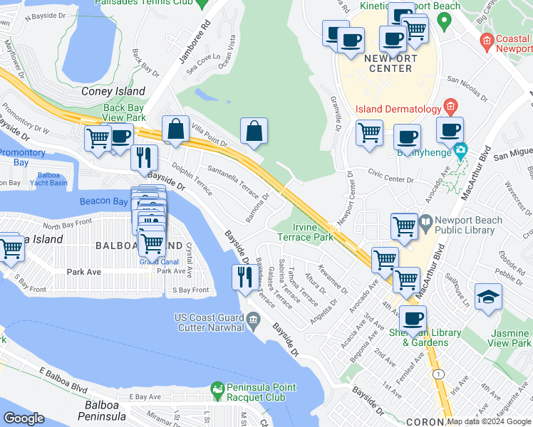 map of restaurants, bars, coffee shops, grocery stores, and more near 621 Malabar Drive in Newport Beach