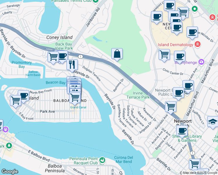 map of restaurants, bars, coffee shops, grocery stores, and more near 1518 Dolphin Terrace in Newport Beach