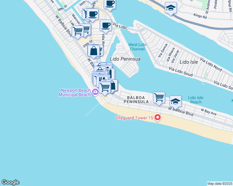 map of restaurants, bars, coffee shops, grocery stores, and more near 213 20th Street in Newport Beach