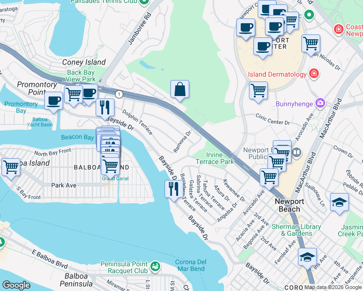 map of restaurants, bars, coffee shops, grocery stores, and more near 624 Ramona Drive in Newport Beach