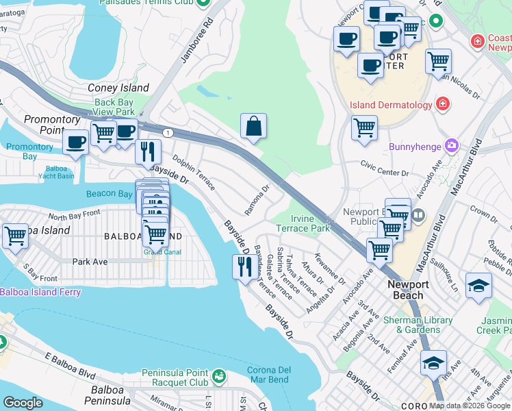 map of restaurants, bars, coffee shops, grocery stores, and more near 624 Ramona Drive in Newport Beach