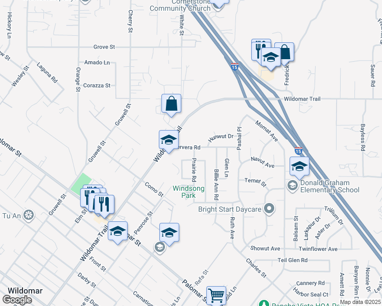 map of restaurants, bars, coffee shops, grocery stores, and more near 22567 Cervera Road in Wildomar