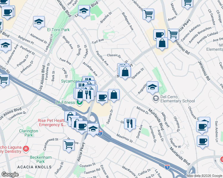 map of restaurants, bars, coffee shops, grocery stores, and more near 25401 Helena Circle in Mission Viejo