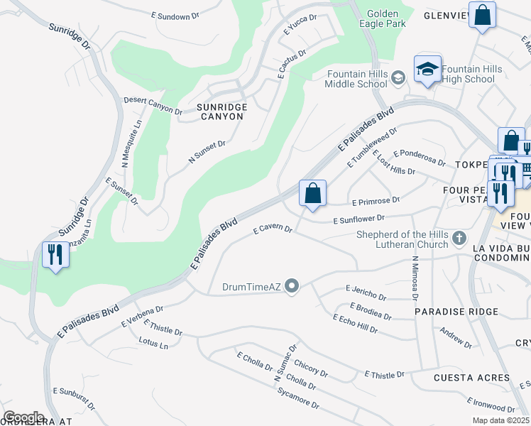 map of restaurants, bars, coffee shops, grocery stores, and more near 15603 East Palisades Boulevard in Fountain Hills