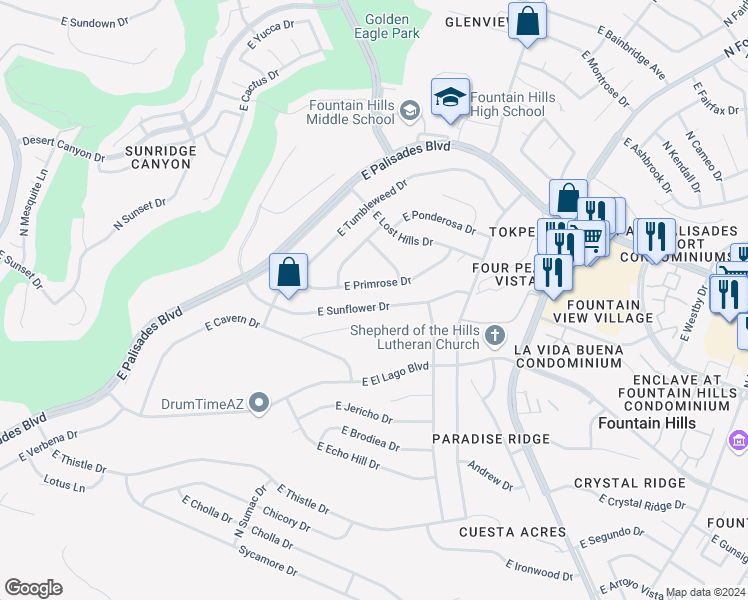 map of restaurants, bars, coffee shops, grocery stores, and more near 15843 East Primrose Drive in Fountain Hills