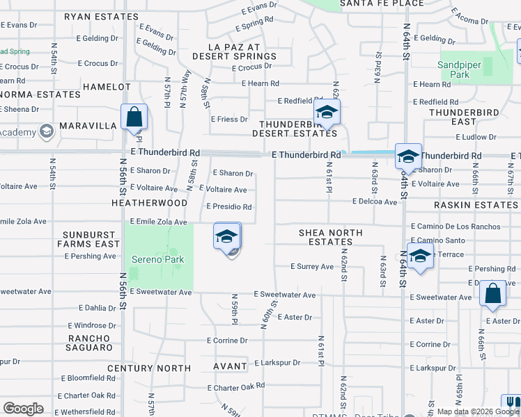 map of restaurants, bars, coffee shops, grocery stores, and more near 5932 East Presidio Road in Scottsdale