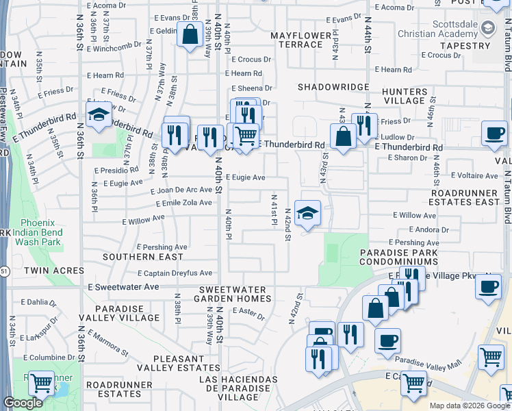map of restaurants, bars, coffee shops, grocery stores, and more near 13425 North 41st Street in Phoenix
