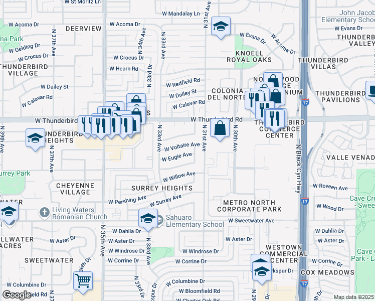 map of restaurants, bars, coffee shops, grocery stores, and more near 3129 West Voltaire Avenue in Phoenix