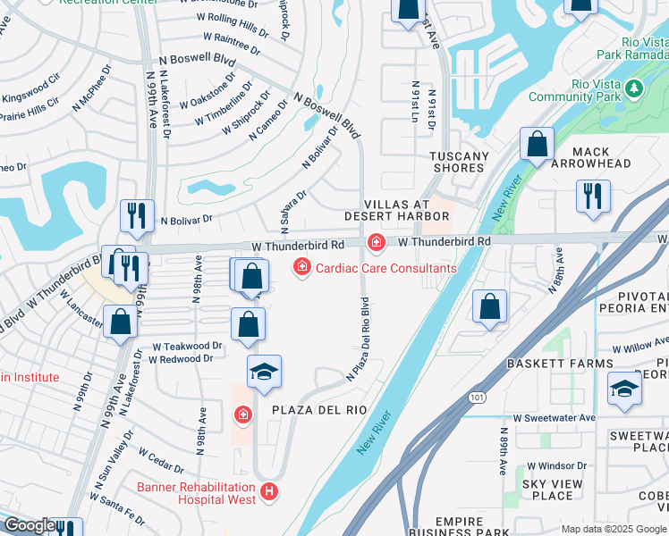 map of restaurants, bars, coffee shops, grocery stores, and more near 9221-9255 West Thunderbird Road in Peoria