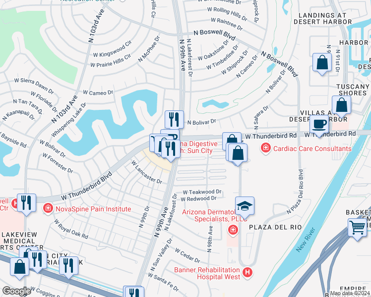 map of restaurants, bars, coffee shops, grocery stores, and more near in Sun City