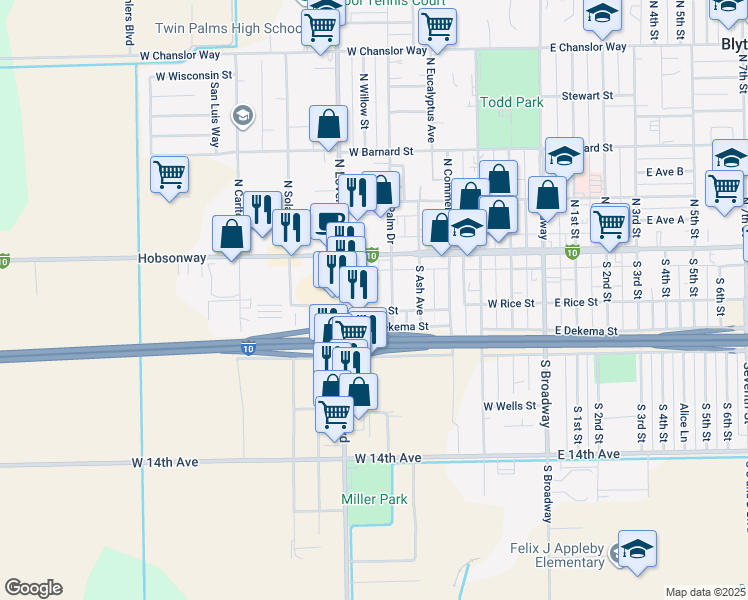 map of restaurants, bars, coffee shops, grocery stores, and more near 141 South Willow Avenue in Blythe