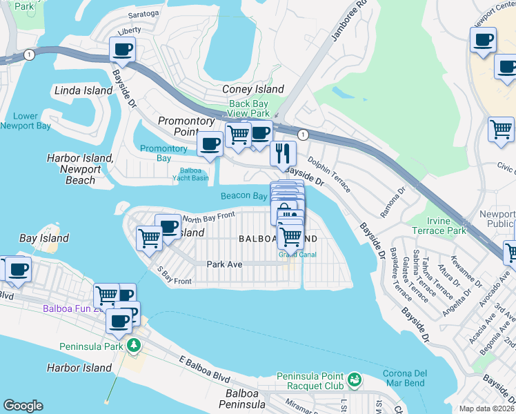 map of restaurants, bars, coffee shops, grocery stores, and more near 1203 North Bay Front in Newport Beach