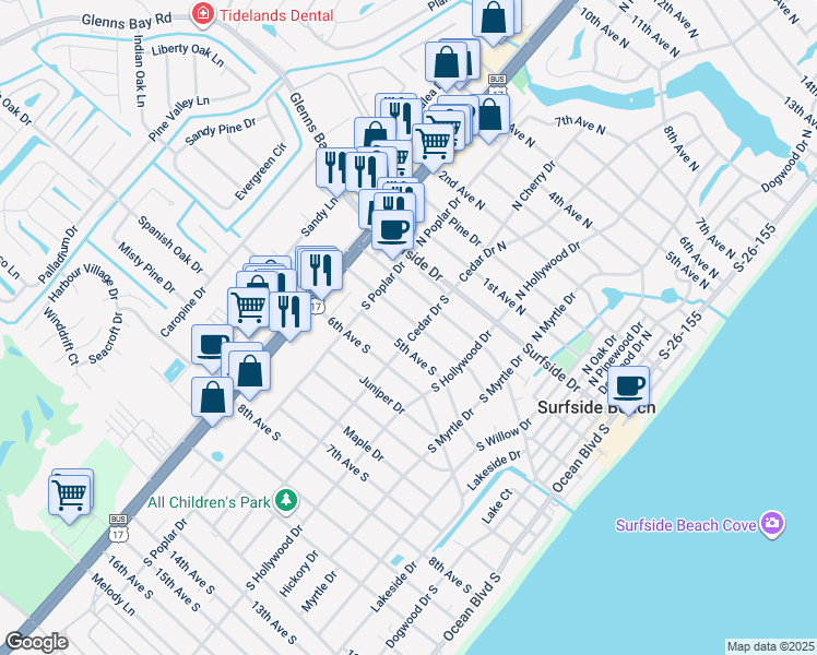 map of restaurants, bars, coffee shops, grocery stores, and more near 719 4th Avenue South in Surfside Beach