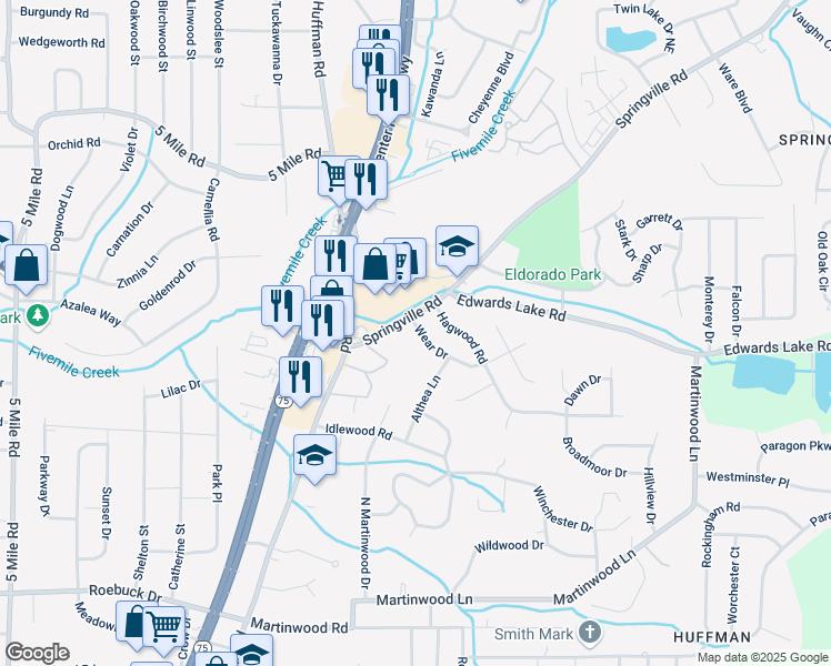 map of restaurants, bars, coffee shops, grocery stores, and more near 741 Springville Road in Birmingham