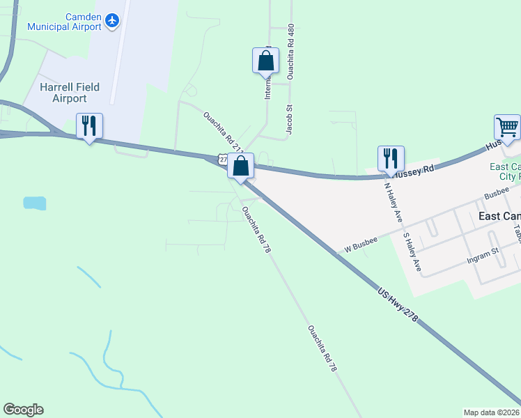 map of restaurants, bars, coffee shops, grocery stores, and more near 433 U.S. 278 in East Camden
