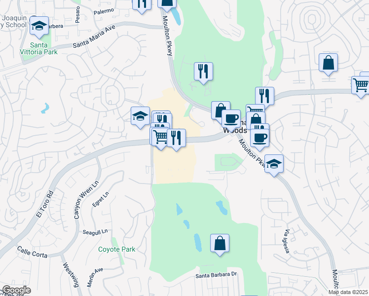 map of restaurants, bars, coffee shops, grocery stores, and more near 24330 El Toro Road in Laguna Woods