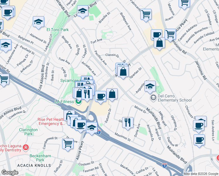 map of restaurants, bars, coffee shops, grocery stores, and more near 25401 Helena Circle in Mission Viejo