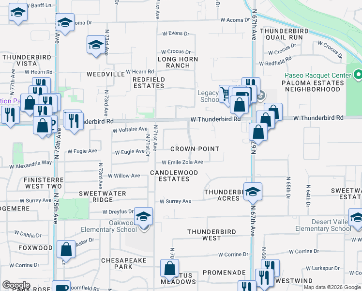 map of restaurants, bars, coffee shops, grocery stores, and more near 7014 West Eugie Avenue in Peoria