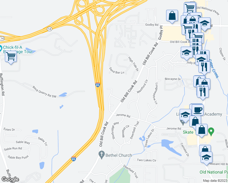map of restaurants, bars, coffee shops, grocery stores, and more near 5398 Jerome Road in Atlanta