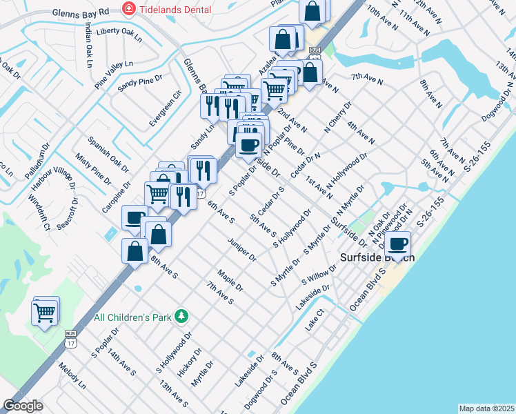 map of restaurants, bars, coffee shops, grocery stores, and more near 713 4th Avenue South in Surfside Beach