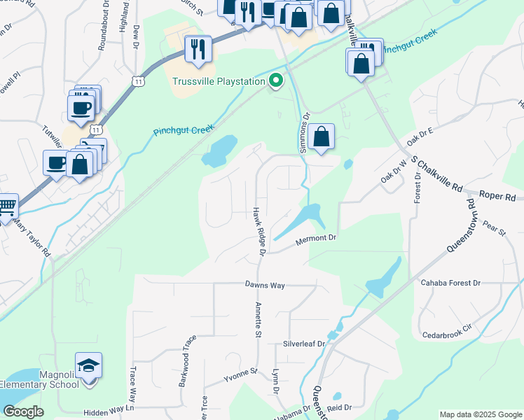 map of restaurants, bars, coffee shops, grocery stores, and more near 3630 Halcyon Trace in Trussville