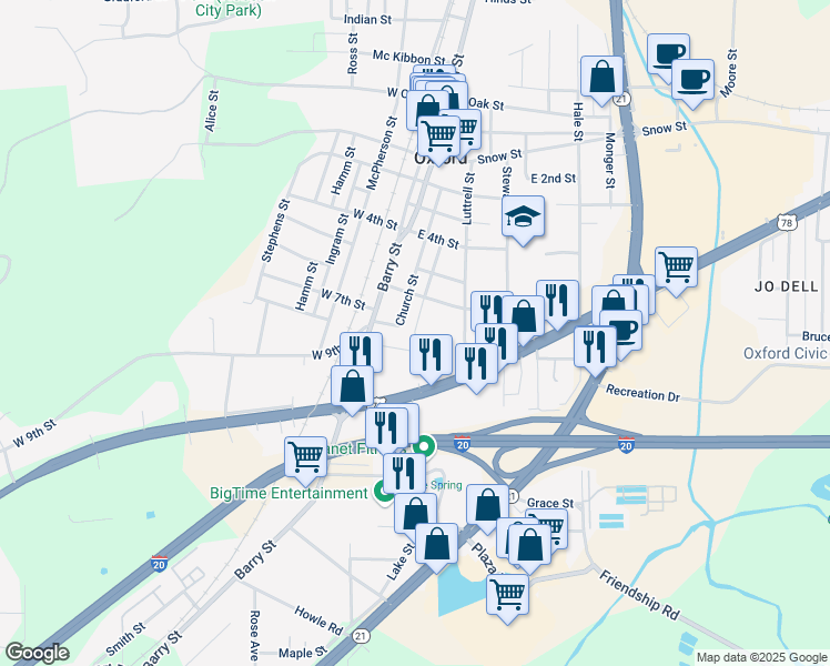 map of restaurants, bars, coffee shops, grocery stores, and more near 1211 Humphries Street in Oxford