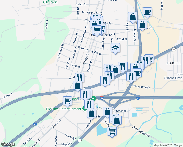 map of restaurants, bars, coffee shops, grocery stores, and more near 1223 Humphries Street in Oxford